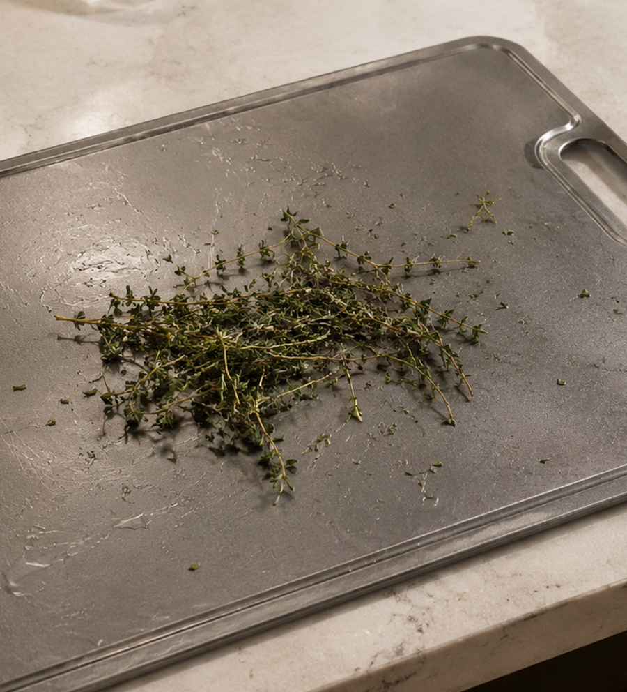 Herbs prepared on a titanium cutting board
