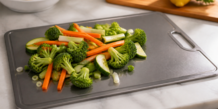 Vegetables prepared on a titanium cutting board