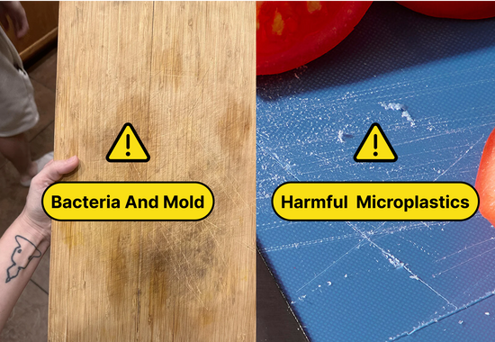 Close view of wear and residue on traditional cutting-board surfaces