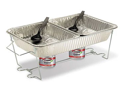 Serving dishes arranged in a chafing setup